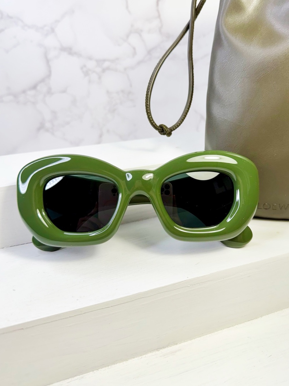 LOEWE Inflated Cat Eye Sunglasses in Green Acetate with Leather Case